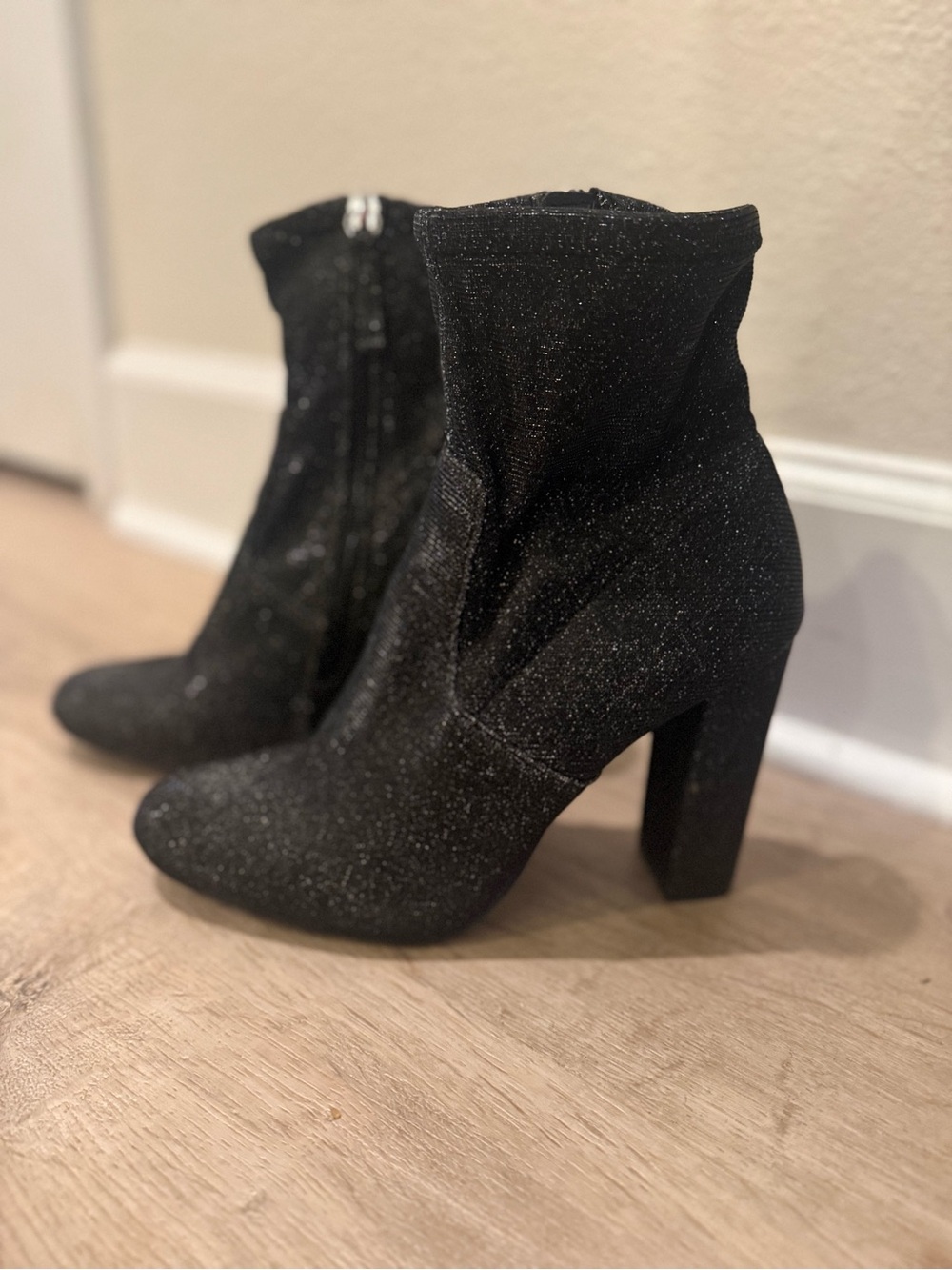 Black Glitter High Block Heel Ankle Boots